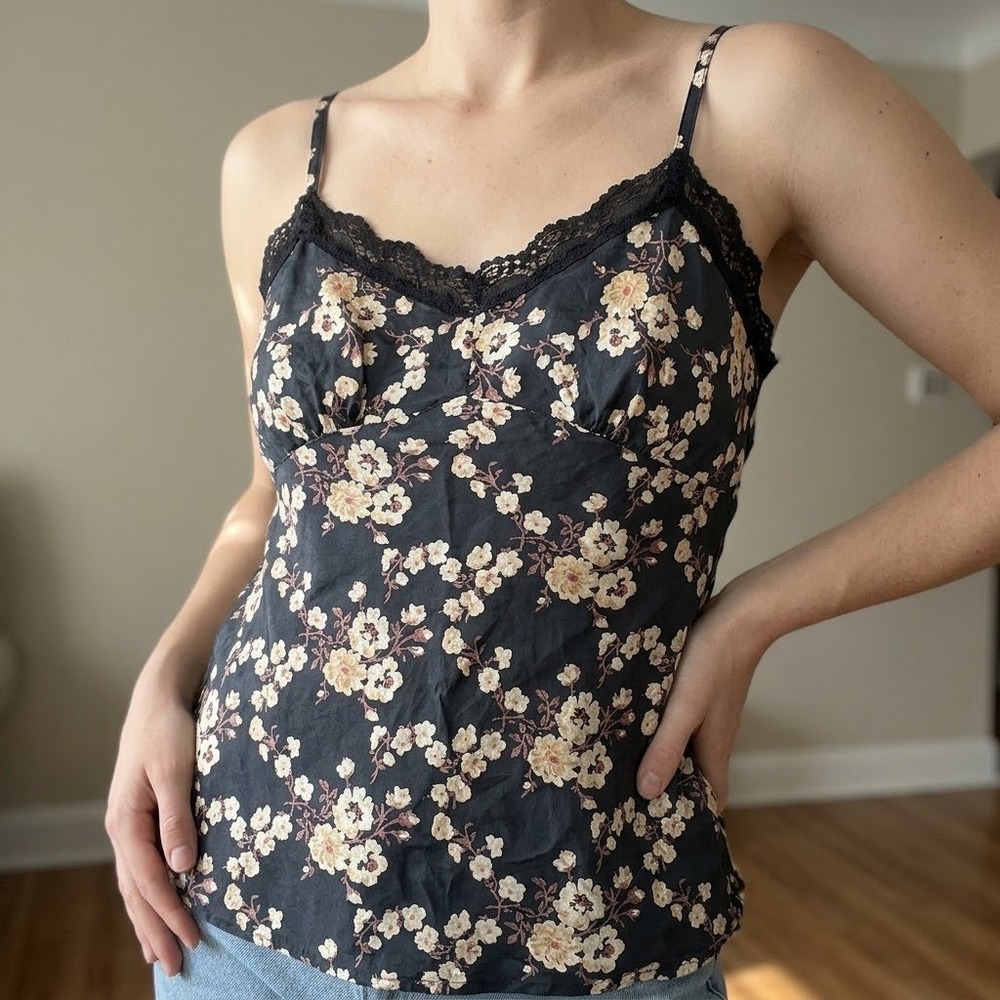 American Eagle Outfitters 100% Silk Floral Lace Trim Cami Tank Top Black Size 14